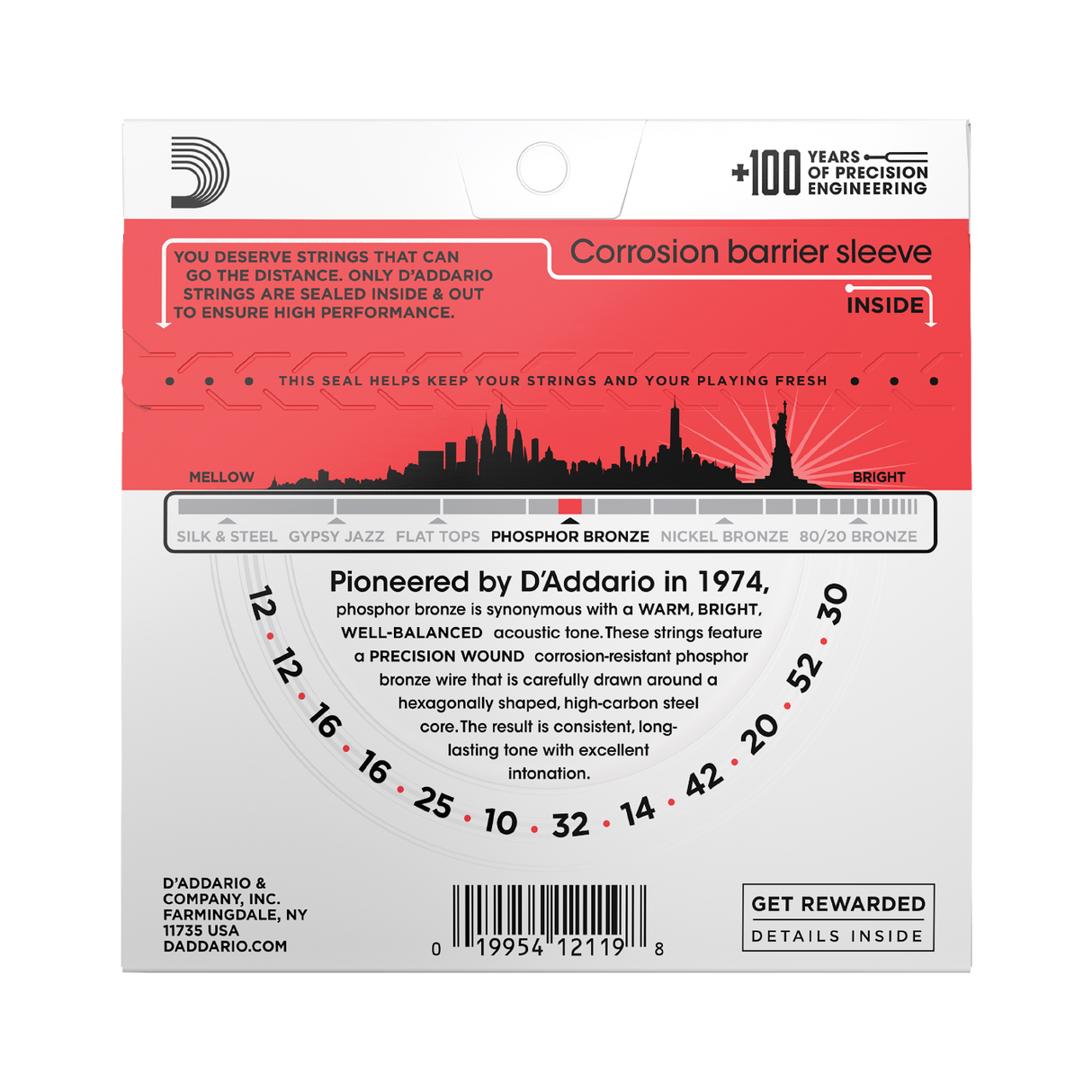 Backside of packing for D'Addario EJ39 strings with product details and string gauges
