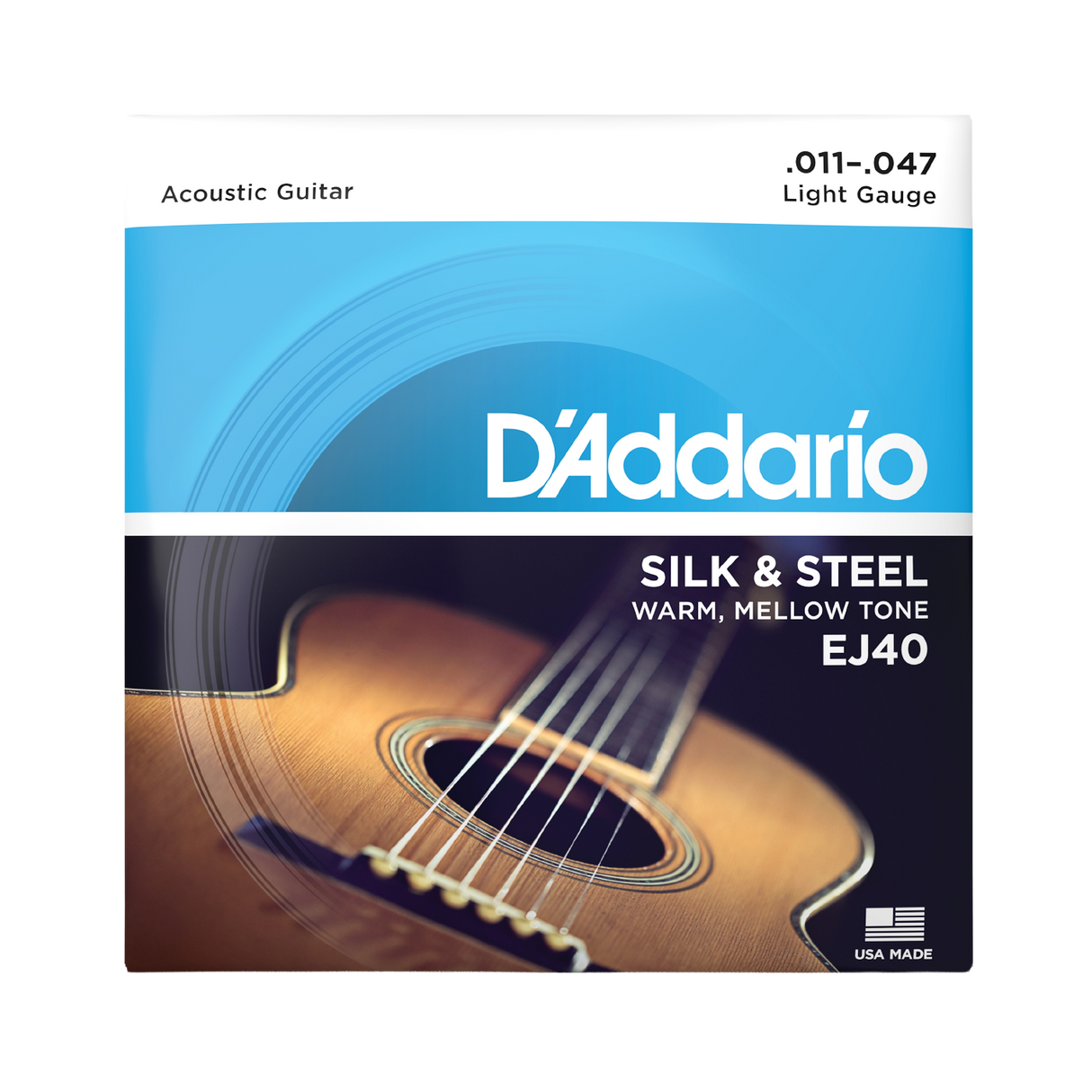 Packaging for D'Addario EJ40 Silk & Steel guitar strings with a picture of a acoustic guitar and blue logo design