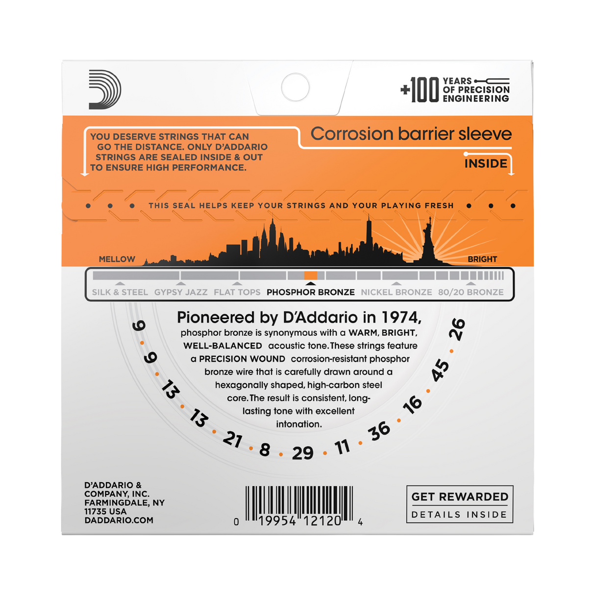The backside of packaging for D'Addario EJ41 that includes product details and string gauges