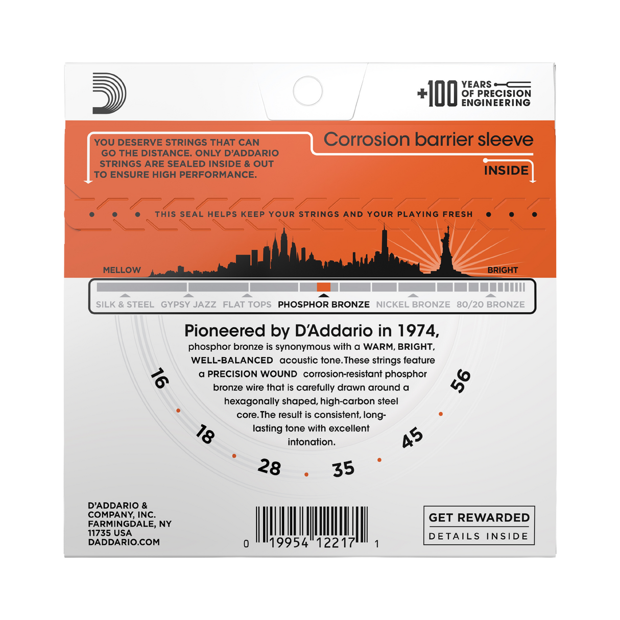 The backside of packaging for D'Addario EJ42 resophonic guitar strings with product details and string gauges