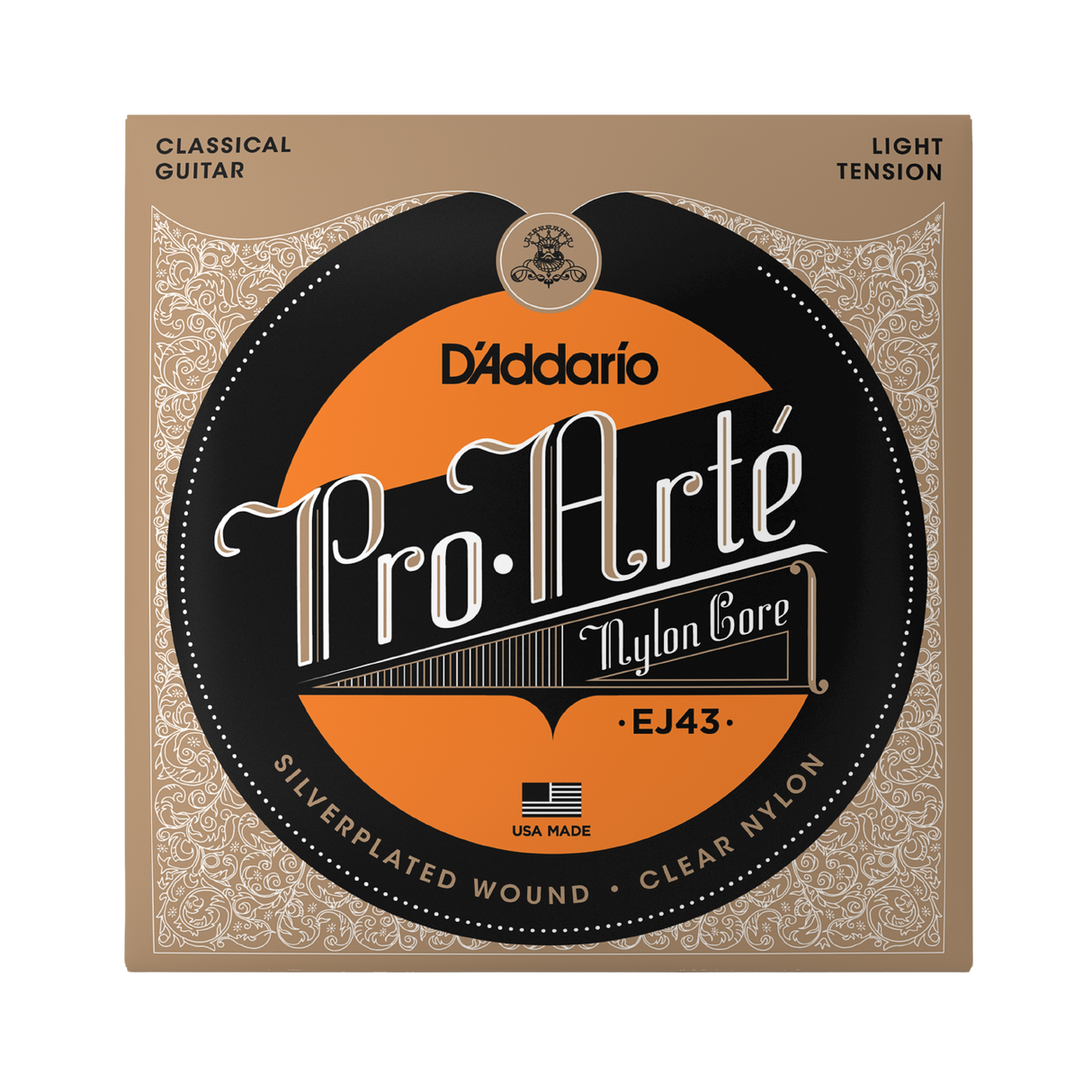 D'Addario Pro Arte EJ43 nylon core classical guitar strings in its original packaging, featuring a tan and black ornate design with a prominent orange circular label.