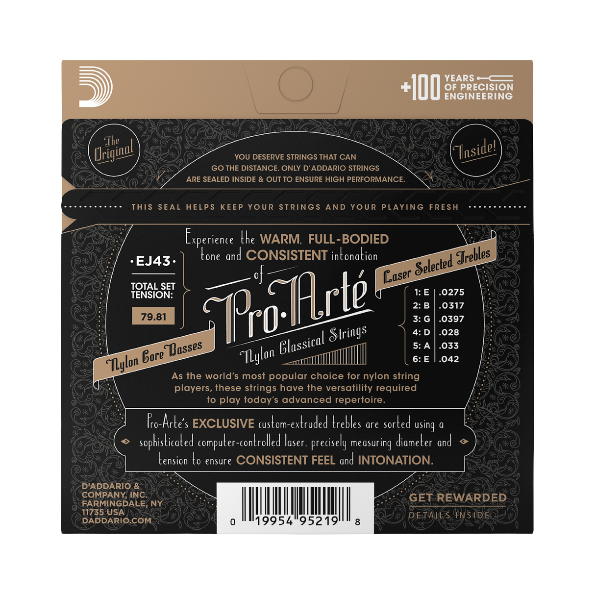 The back of a Pro-Arte EJ43 nylon guitar string package, showing product details, specifications, a barcode, and a seal on a dark patterned background.