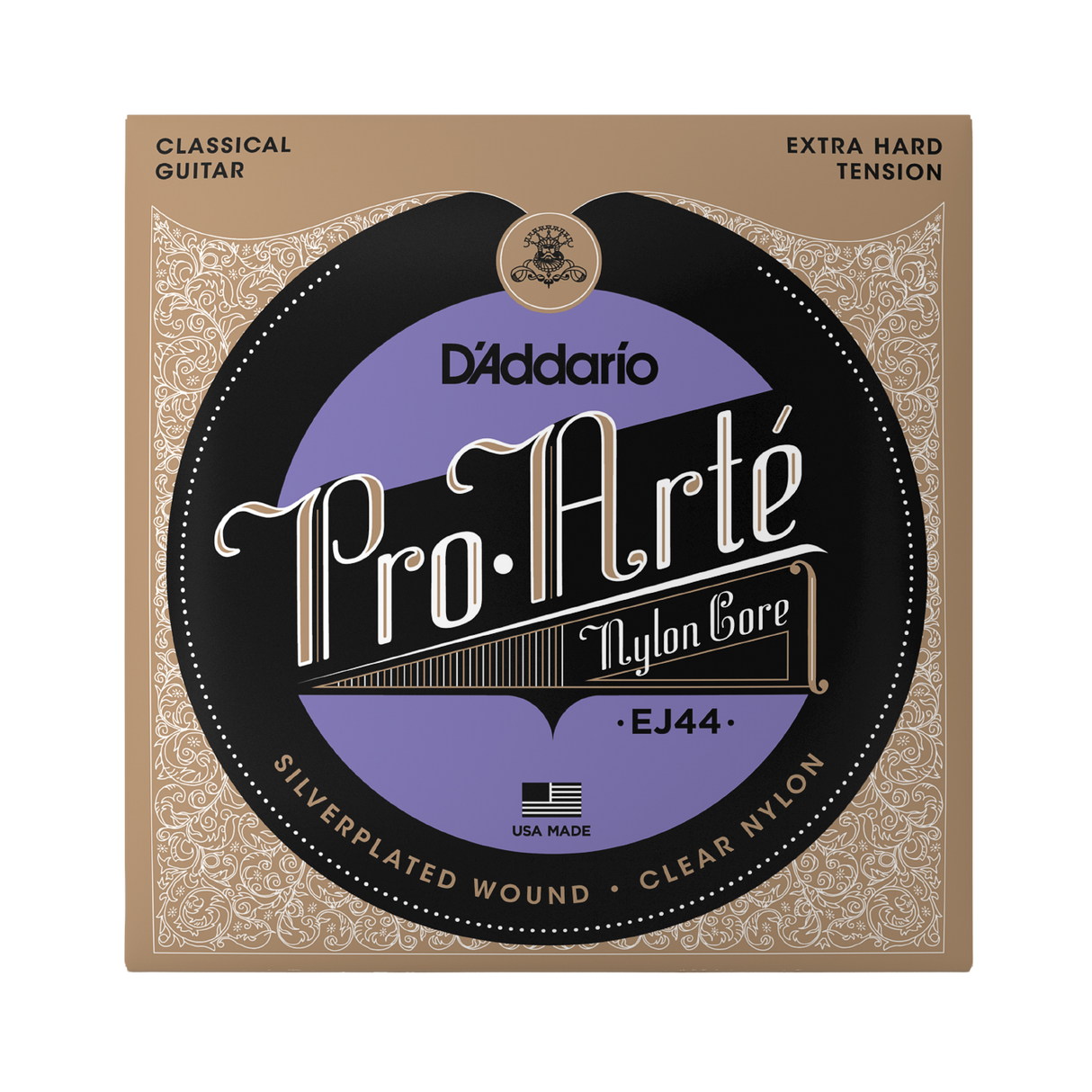 D'Addario Pro.Arté EJ44 classical guitar nylon core strings in its original packaging, featuring a tan and black ornate border with a central purple and black circular label.