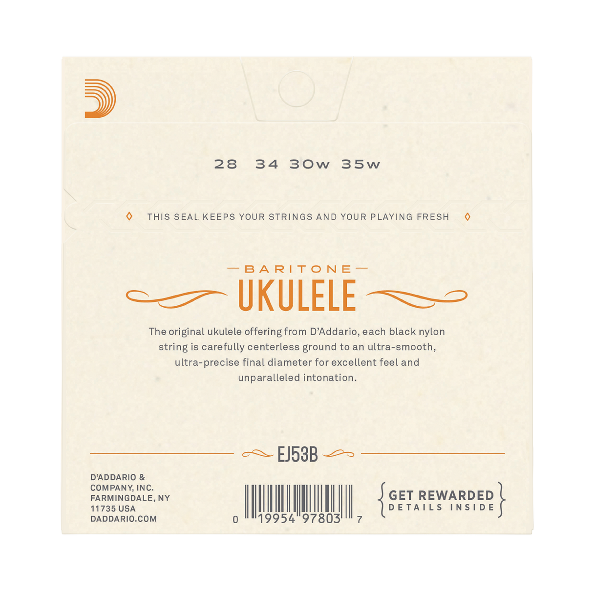 Back of a D'Addario Baritone Ukulele string package, showing product information, model EJ53B, barcode, and branding on a light cream background.