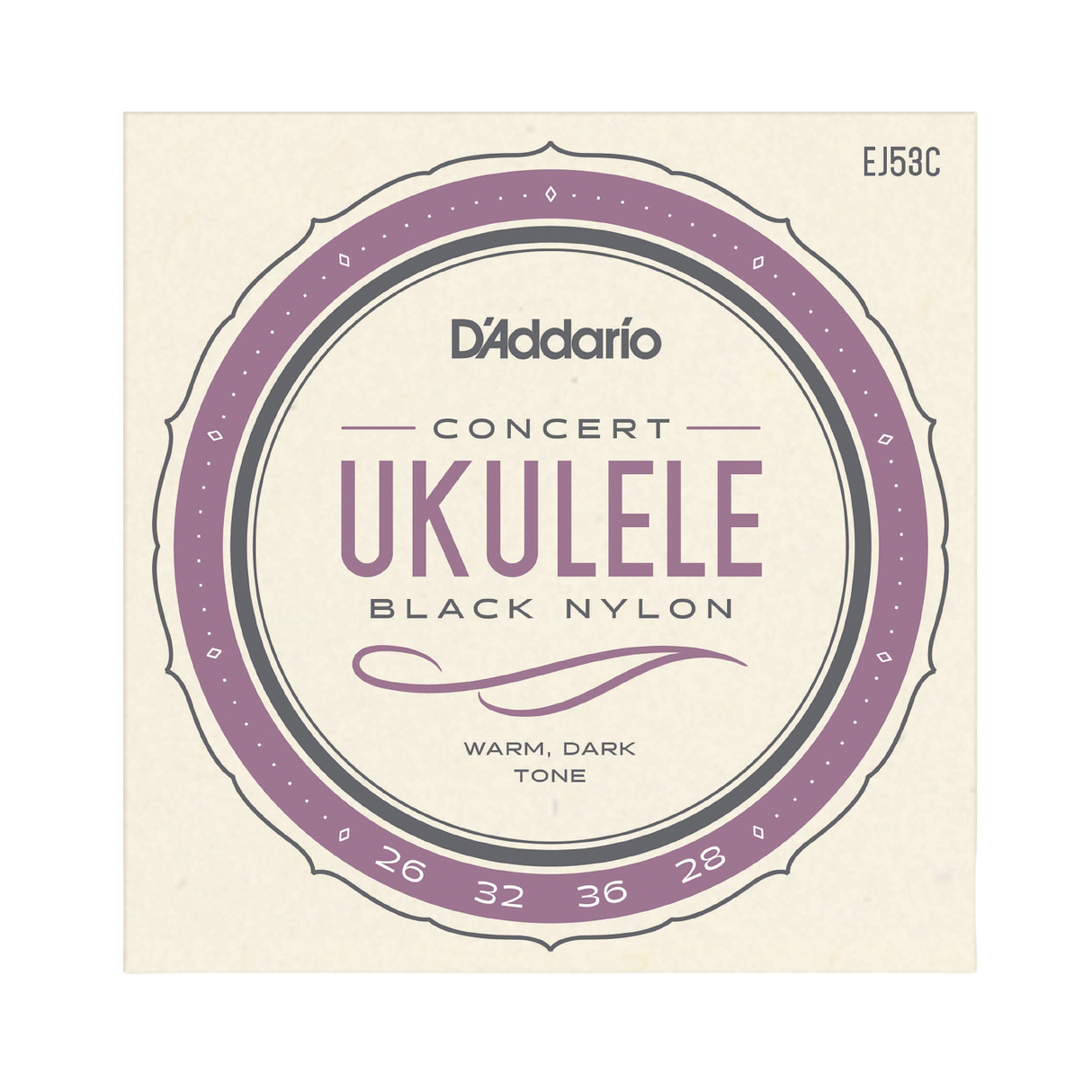 D'Addario Concert Ukulele Black Nylon guitar strings packaging, featuring a circular label with purple and gray accents on a cream background.