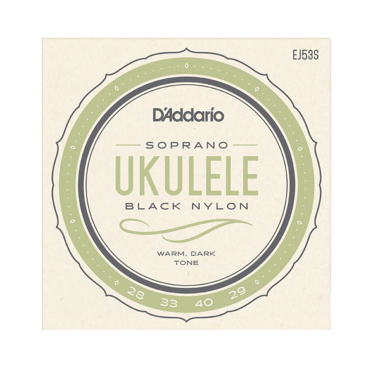 D'Addario Soprano Ukulele Black Nylon strings package, featuring a circular label with sage green and dark gray details on a cream-colored background.
