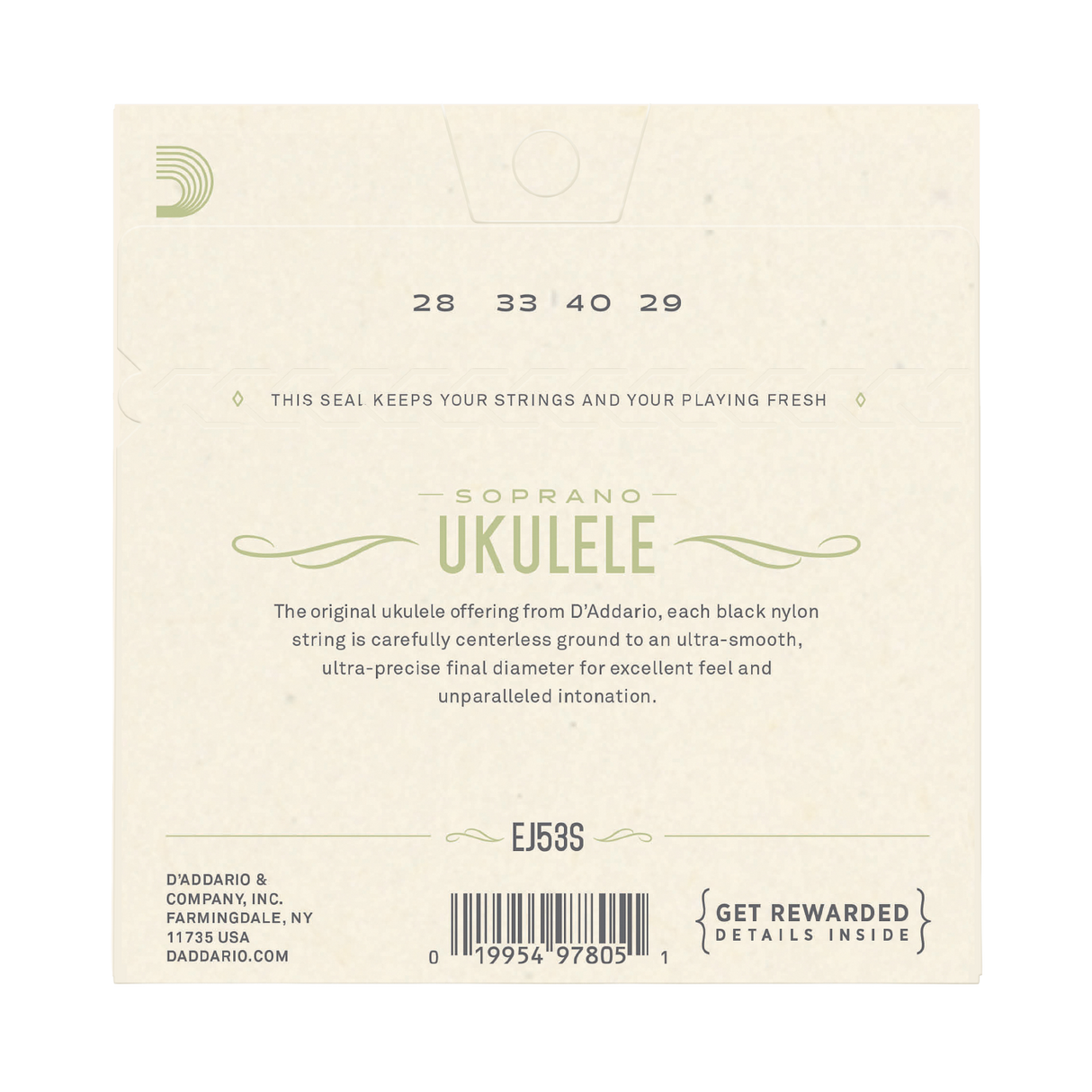 Back of a D'Addario EJ5S Soprano Ukulele package, showing product information, string numbers 28 33 40 29, a barcode, and a black string seal on a light beige background.