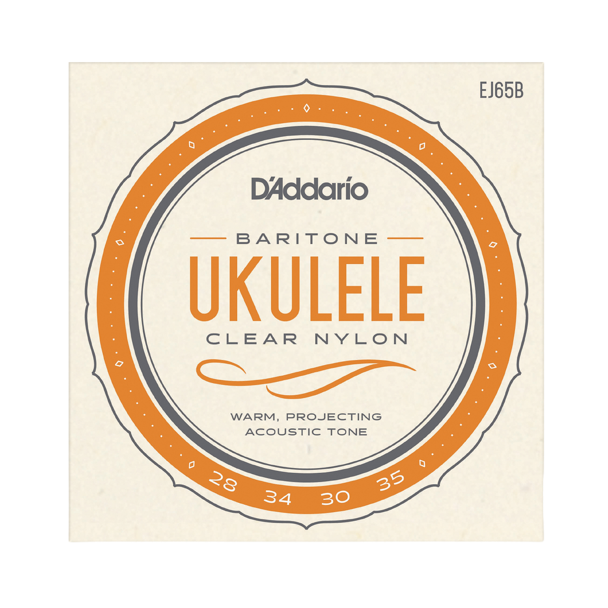 D'Addario Ukulele Baritone Clear Nylon guitar strings package, model EJ65B. The square cream-colored paper packaging features a prominent orange and dark gray circular graphic with the text 'D'Addario', 'UKULELE', and 'CLEAR NYLON'.