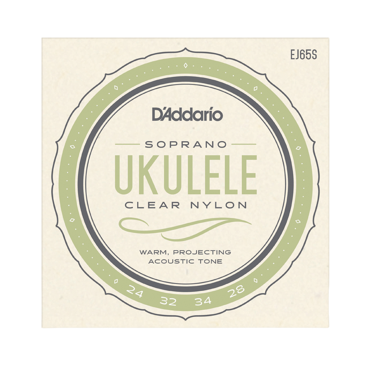 Packaging for D'Addario EJ65S ukulele strings with a beige background and green circle design with logos and string details.