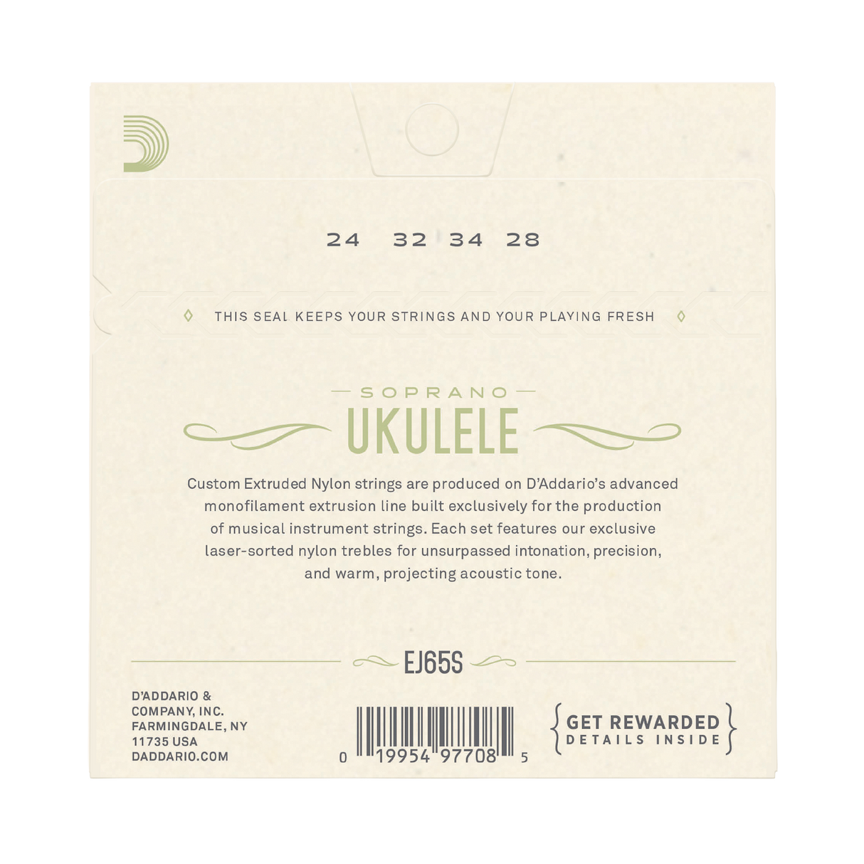 The back of a D'Addario Soprano Ukulele string package, showing product information, size numbers 24 32 34 28, a barcode, and the model EJ65S on a light beige background.