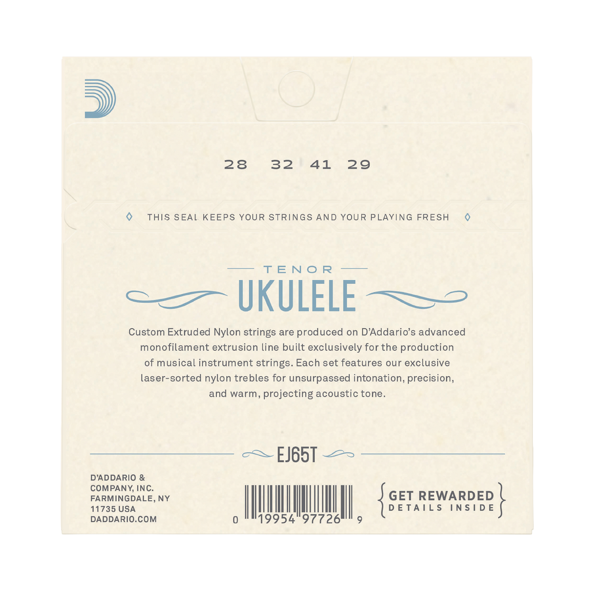 Back of a Tenor Ukulele string package, showing string gauges 28, 32, 41, 29, with D'Addario branding and a barcode on a light cream background.