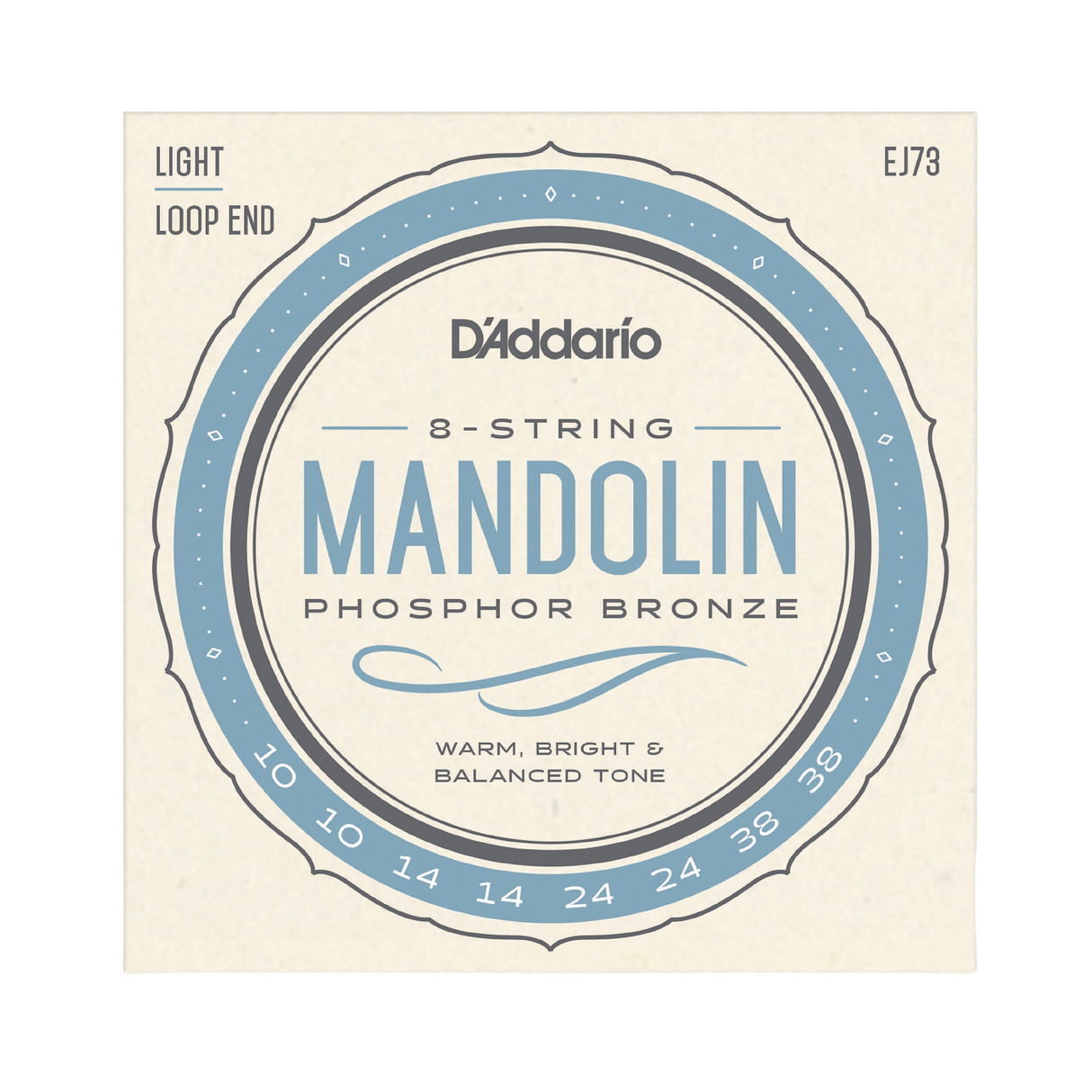 D'Addario 8-string mandolin string box cover for Phosphor Bronze, light loop end, size EJ73, featuring a cream background with blue and gray circular graphics.