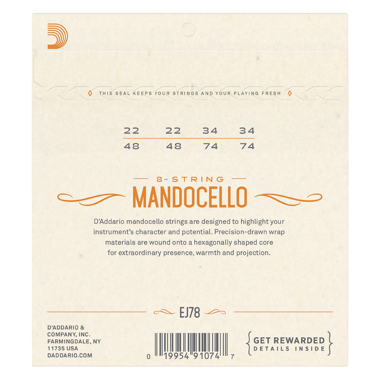 The back of packaging for D'Addario EJ78 mandocello strings with a beige background and product information including barcode.