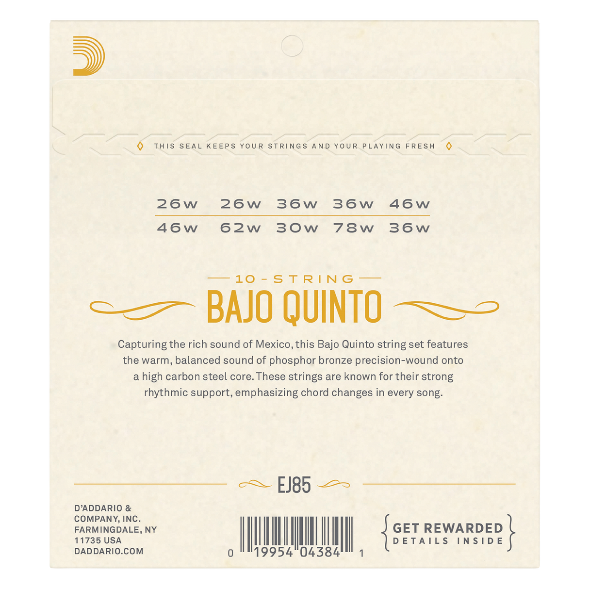 Back of packaging for D'Addario EJ85 bajo quinto strings with product detaisl and barcode.