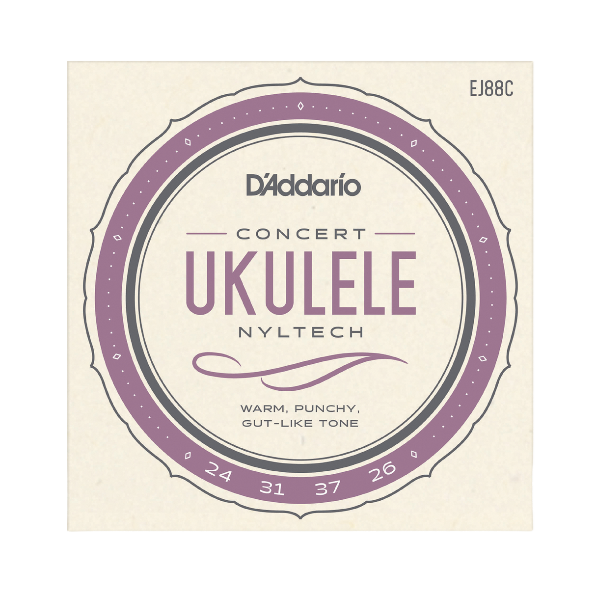 D'Addario Concert Ukulele Clear Nylon guitar strings package, model EJ88C, featuring a cream-colored square card with a purple and gray circular label design.