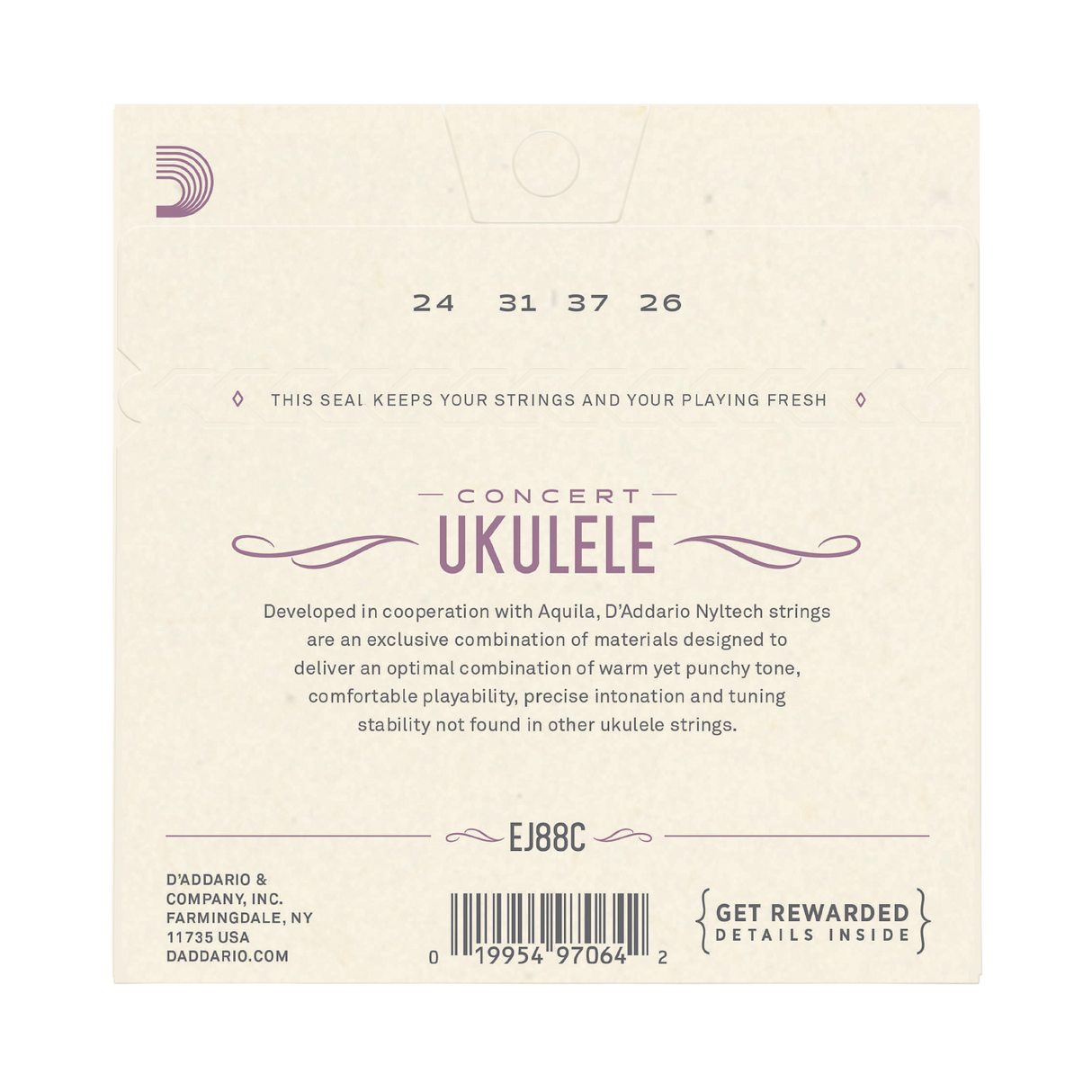 The back of a D'Addario Concert Ukulele string package, showing string gauges 24, 31, 37, and 26, product details, a barcode, and a seal on a light cream background.