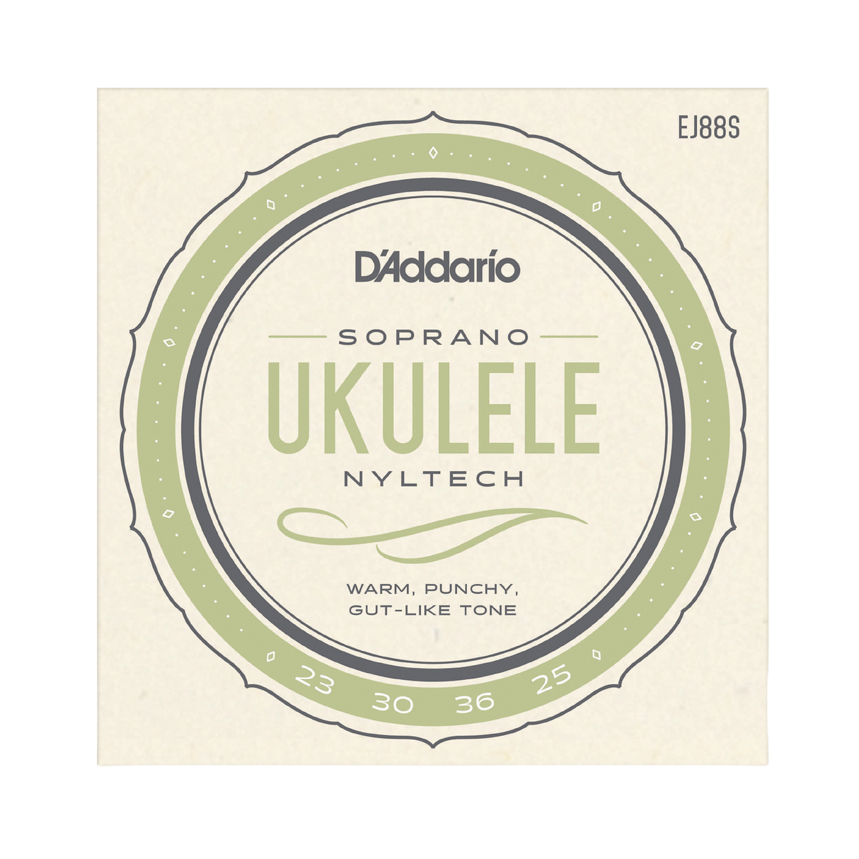 Packaging for D'Addario EJ88S soprano ukulele strings with a cream colored background and green circle design with product details.