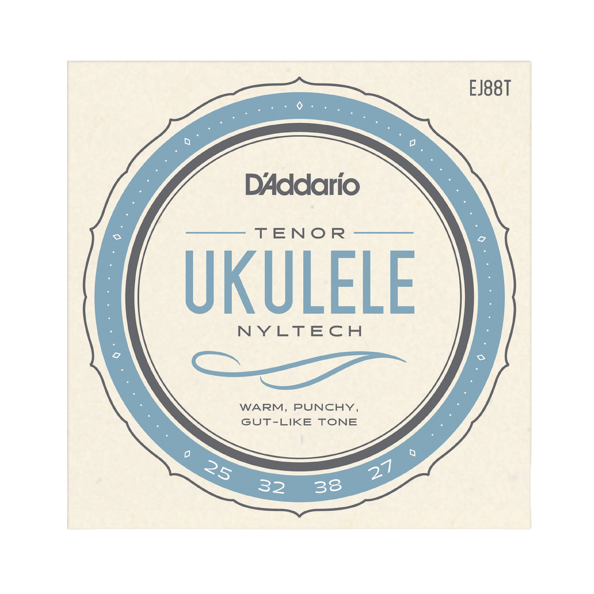 Package for D'Addario EJ88T tenor ukulele strings with a cream colored background and light blue circle design with product details.