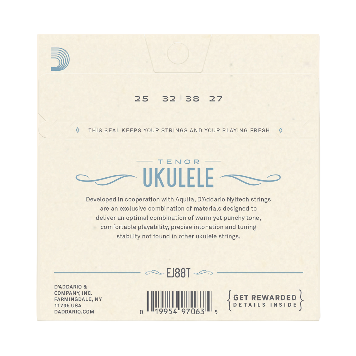 Back of a D'Addario Tenor Ukulele string package, showing string gauges 25, 32, 38, and 27, product text, a barcode, and branding in blue on an off-white background.