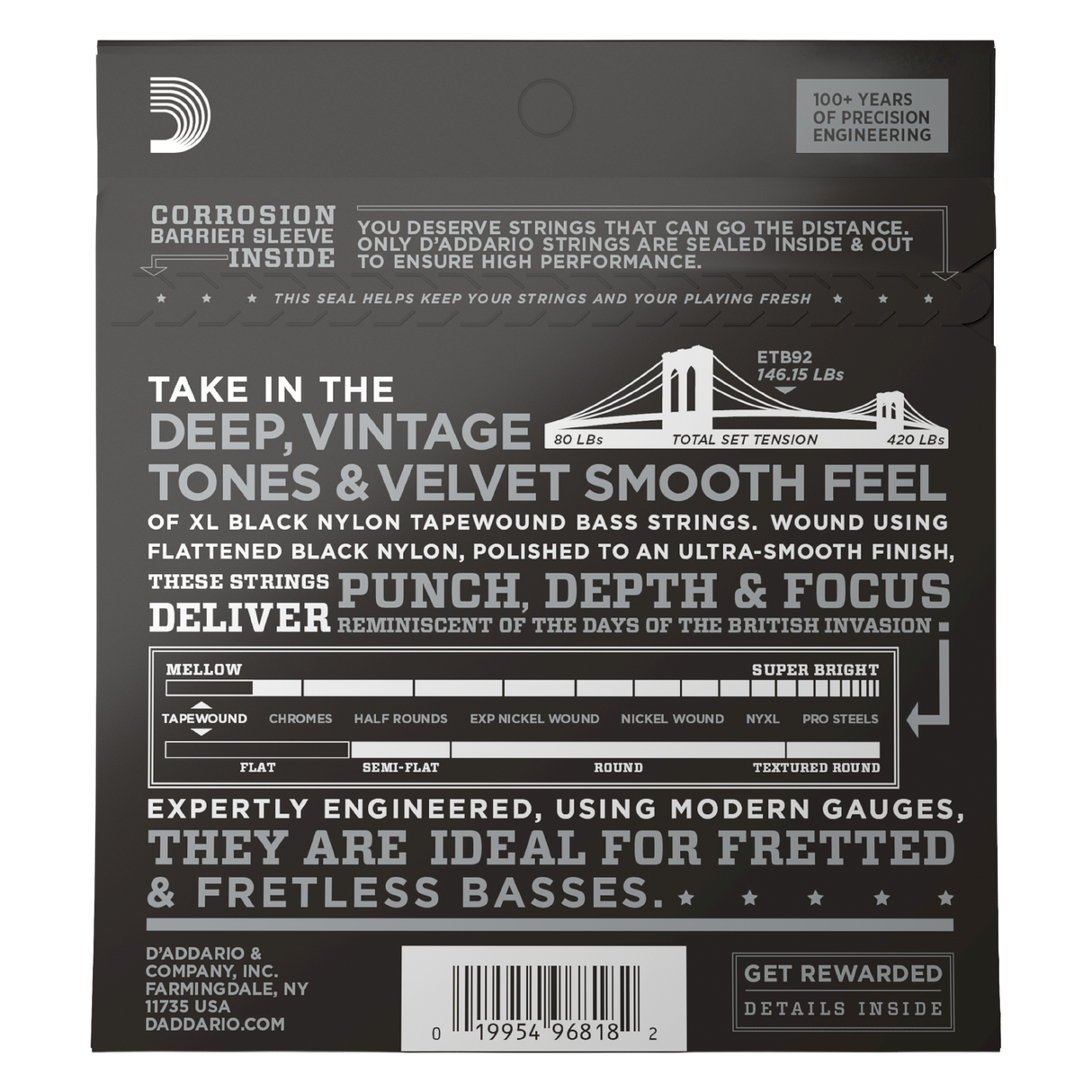The back of a Daddio ETB92 tapewound bass string package, showing product information, specifications, and a barcode on a dark gray background.