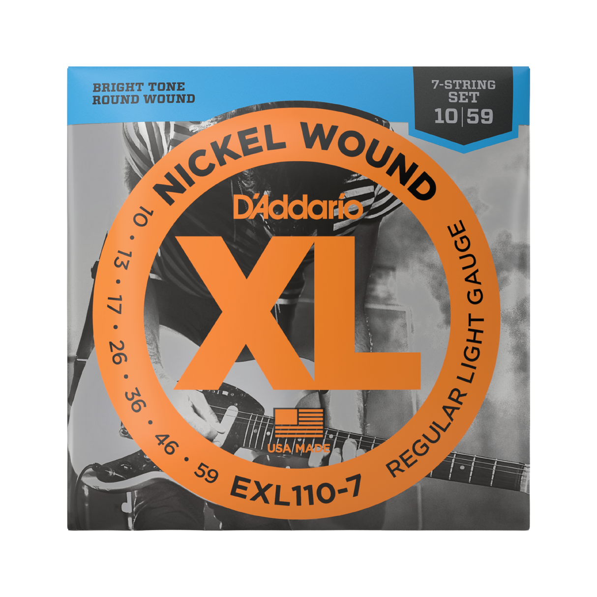 Packaging for D'Addario EXL110-7 guitar strings with brand and product details visible.