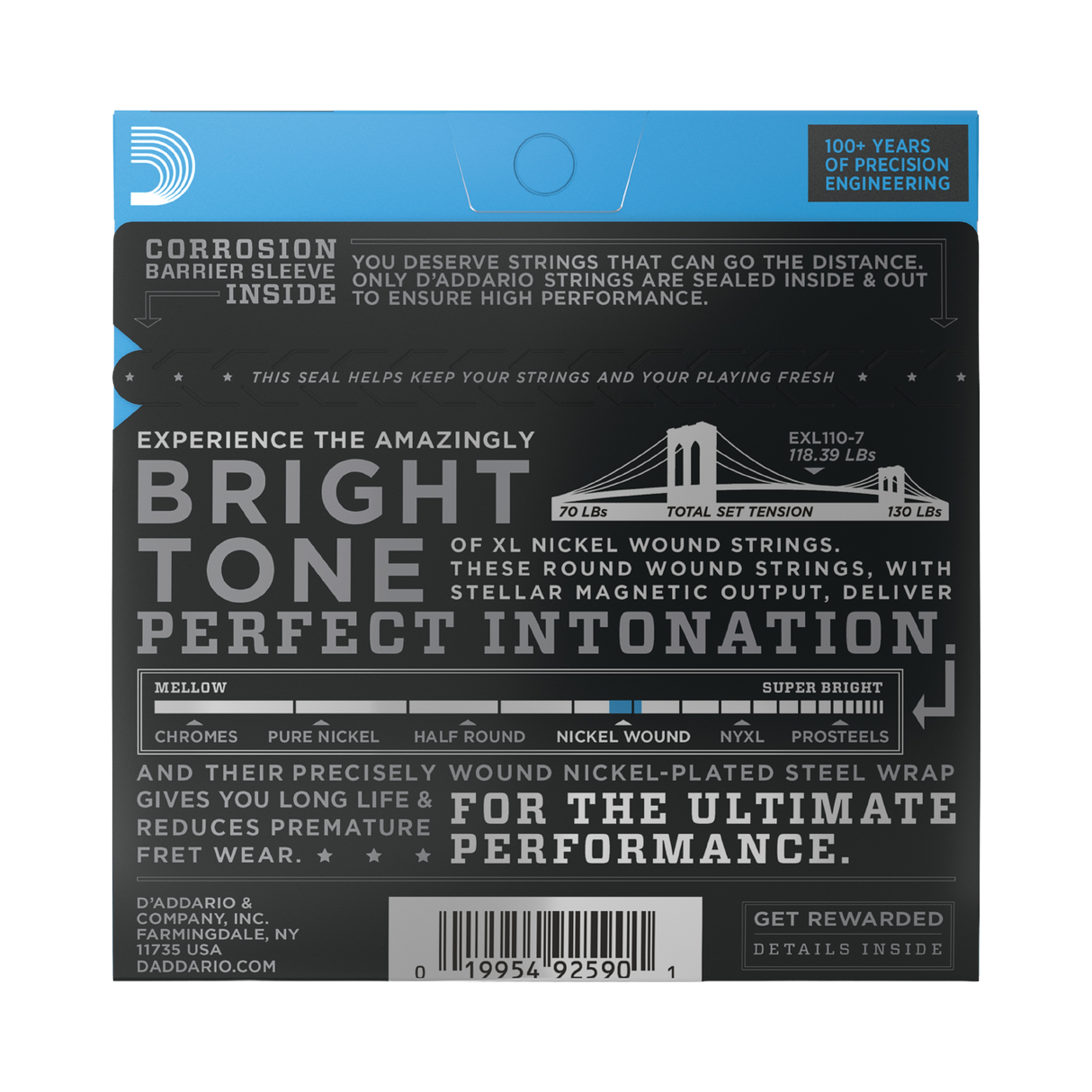 Back of packaging for D'Addario EXL110-7 guitar strings with product details.