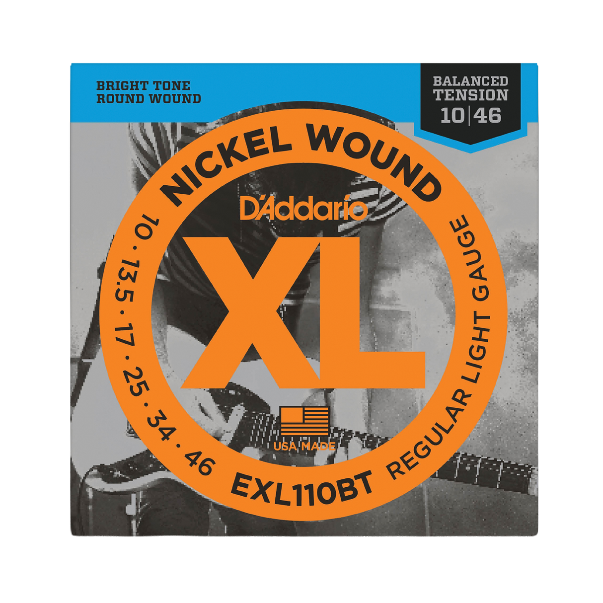 Packaging for D'Addario EXL110BT Balanced Tension electric guitar strings with brand and product details.