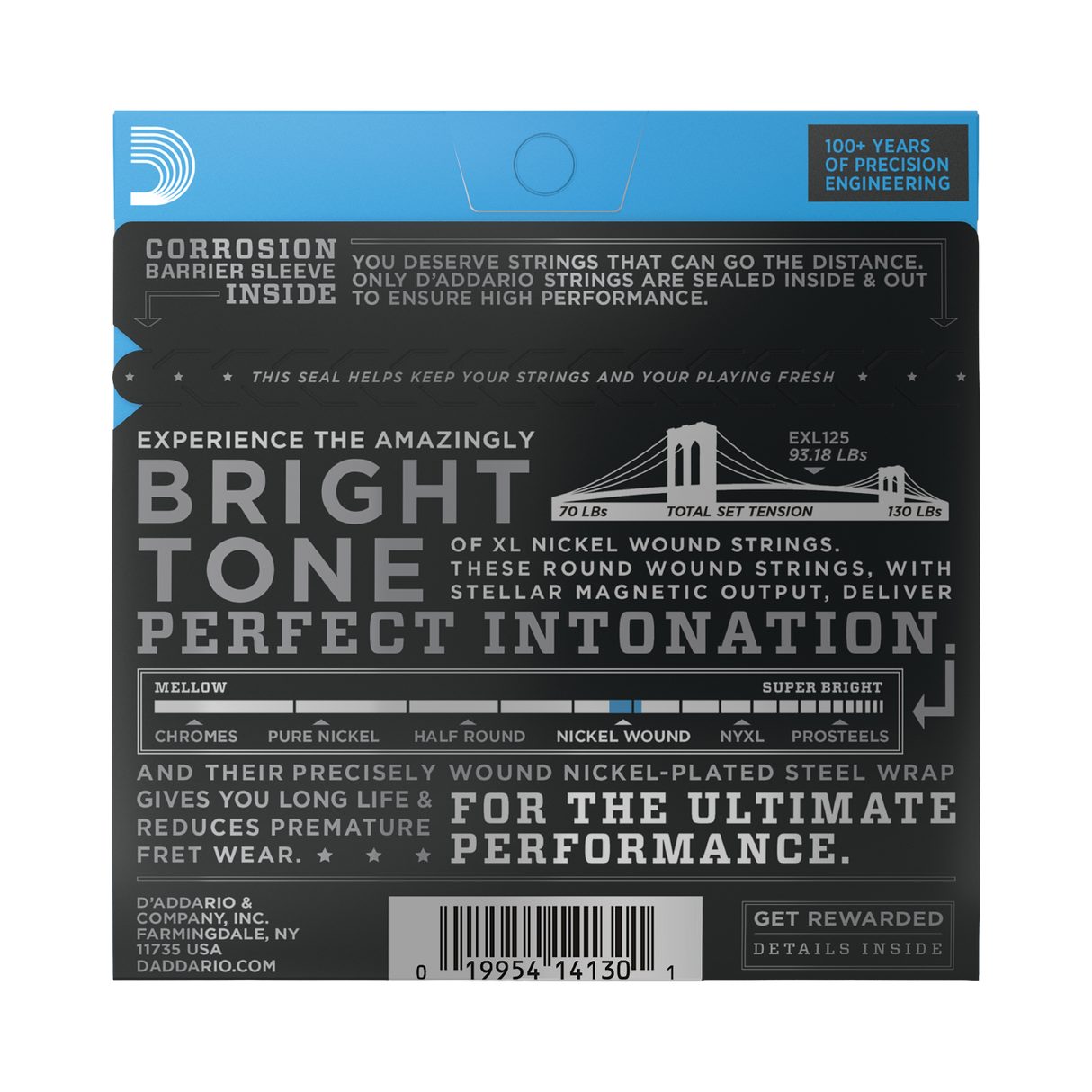 The back of packaging for D'Addario EXL125 electric guitar strings with brand and product details.
