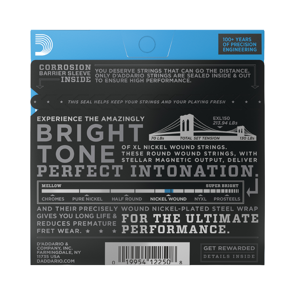 Back of a D'Addario guitar string package, showing product information, a bridge illustration, a string tension gauge graphic, and a barcode on a dark gray background with a blue header.