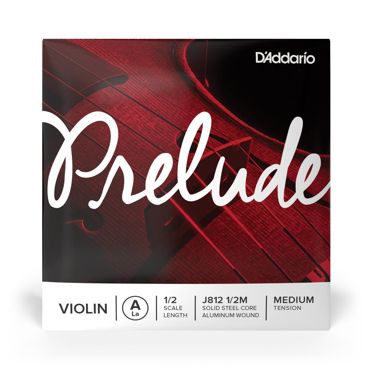 Front of packaging for D'Addario's J812 1/2M violin A string with brand and product details.