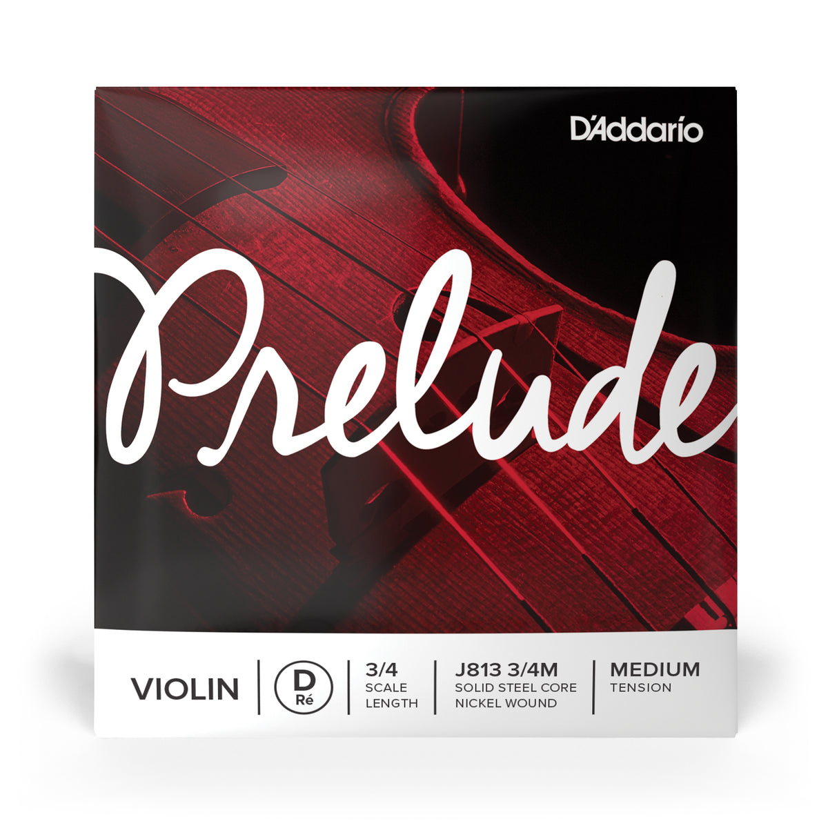 Front of packaging for D'Addario's J813 3/4M violin 'D' string with brand and product details.