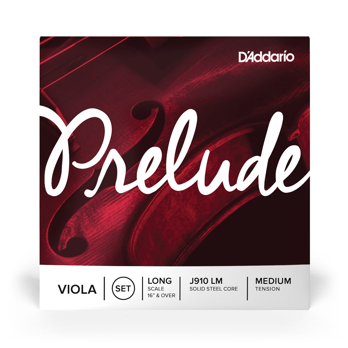 Front of packaging for D'Addario's J910 LM viola strings with brand and product details.