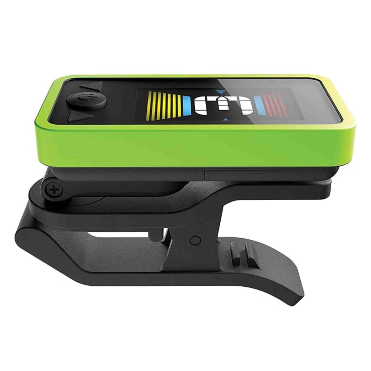 The image shows a clip-on electronic guitar tuner with a bright green casing and black digital display. It features a clip for attaching to a guitar or other string instrument’s headstock. The colorful screen uses yellow, blue, white, and red indicators to show tuning status. Compact and portable, it detects vibrations for accurate tuning in noisy environments, making it ideal for guitars, basses, ukuleles, violins, and other string instruments.