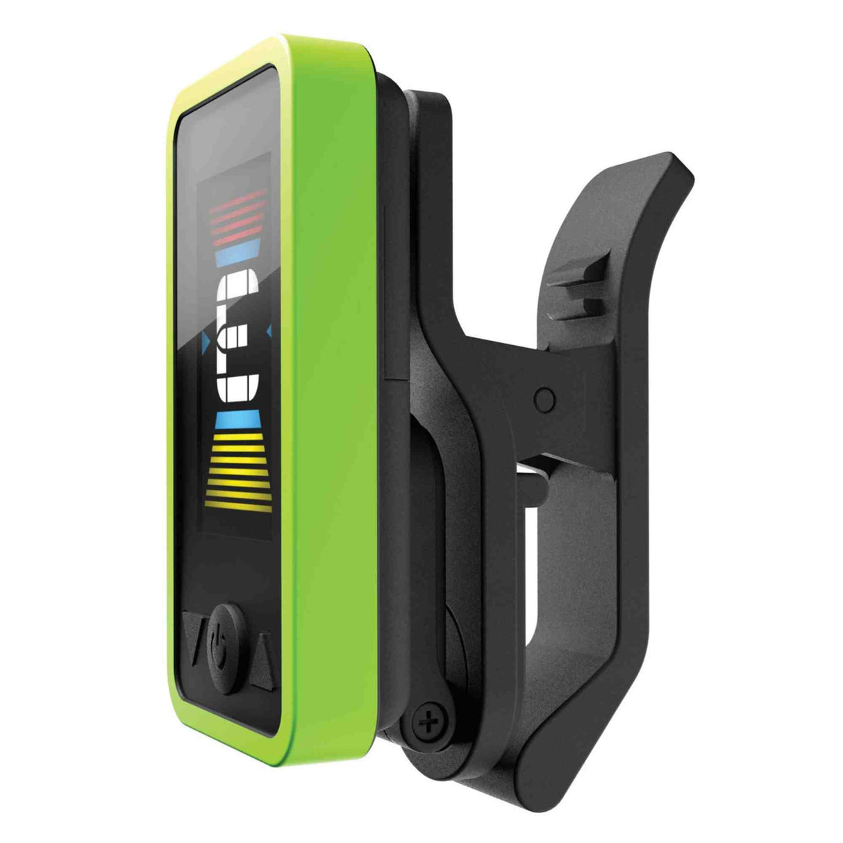 The image shows a clip-on electronic tuner with a bright green and black design and a digital LCD display featuring colorful indicator lights. It clips securely to instruments using a spring-loaded mechanism and detects vibrations for tuning, ideal in noisy settings. Popular among string and wind instrument players, it is portable, accurate, and convenient for quick tuning during practice or performances.
