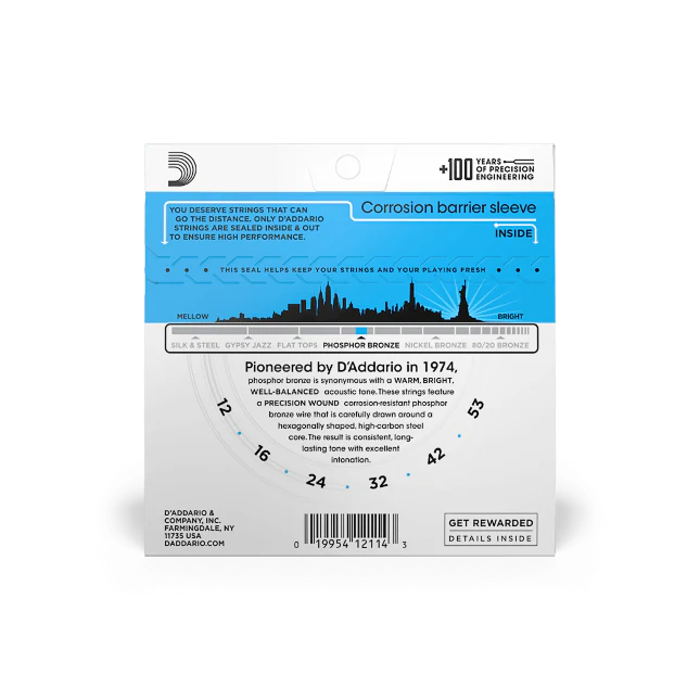 The image shows a retail package of D'Addario phosphor bronze acoustic guitar strings, featuring light gauges (.012–.042). The packaging highlights corrosion barrier sleeves, precision winding, and tone longevity. It displays D'Addario branding with a blue and white design, product details, string gauges, a barcode, and a rewards program mention. The set is noted for freshness and quality since 1974.