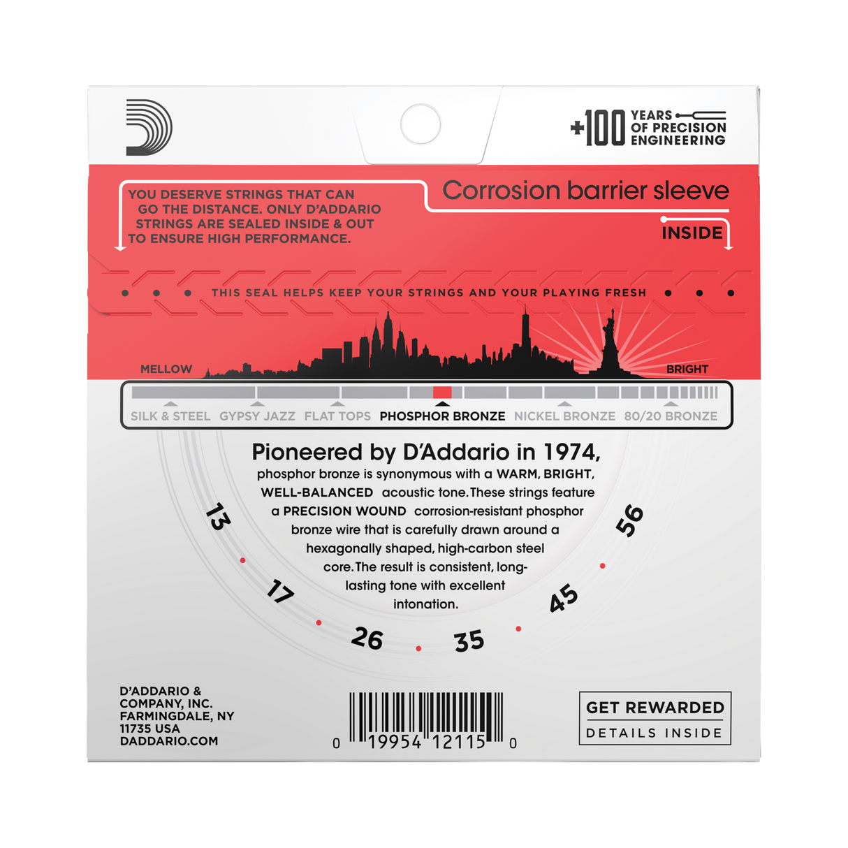 Backside of packaging for D'Addario EJ17 guitar strings with product details including string gauges