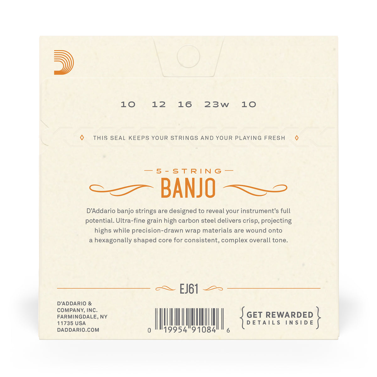 Back of packaging for D'Addario EJ61 banjo strings with brand and product details.