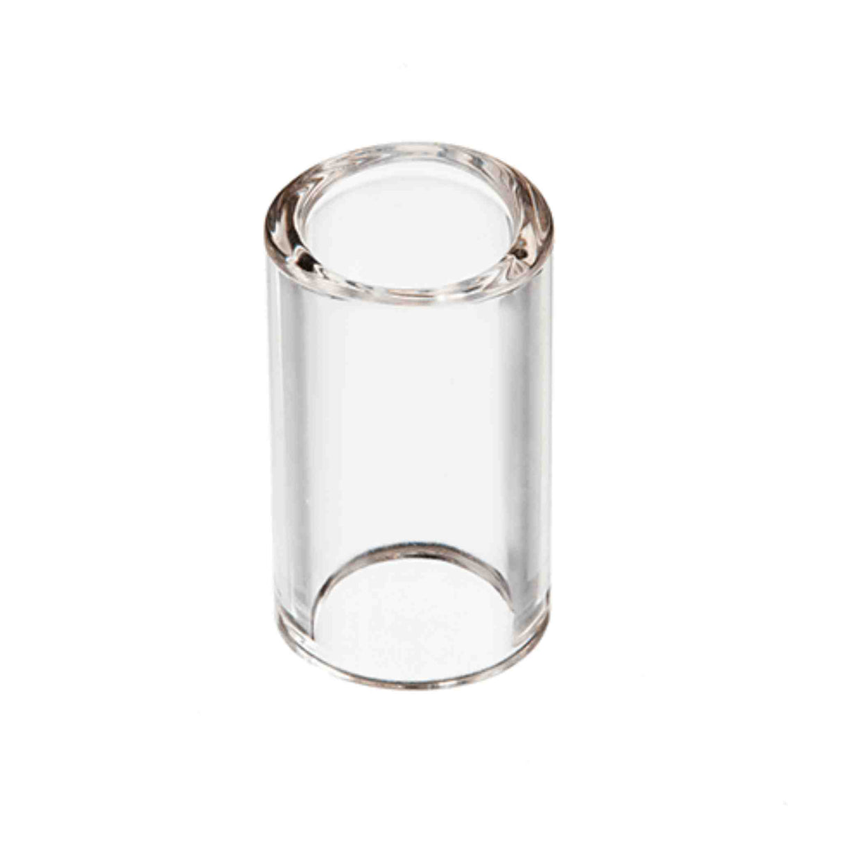The image shows a clear glass guitar slide, a cylindrical tube worn on a finger to glide along strings, creating smooth, sliding tones and pitch bends. Common in blues, country, and rock, glass slides offer bright, clear sound and smooth movement. This medium-sized slide is suitable for various playing styles and helps achieve the classic bottleneck guitar effect originally made with glass bottle necks.