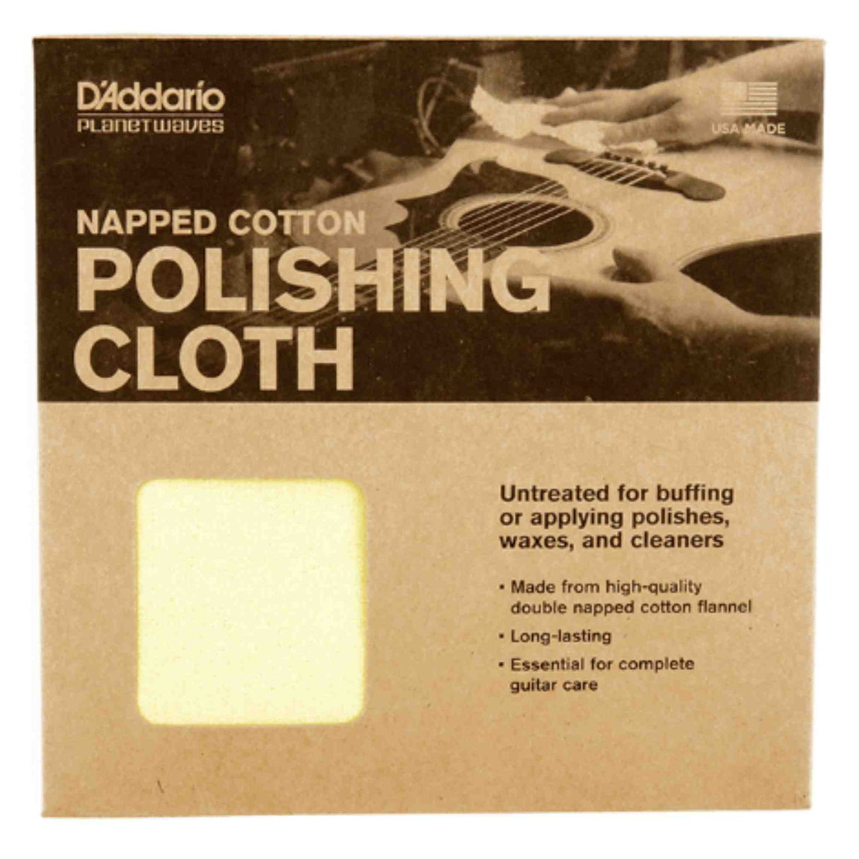 The image shows a D'Addario Planetwaves Napped Cotton Polishing Cloth package for guitar care. Made in the USA, the high-quality double napped cotton flannel cloth is untreated, ideal for buffing or applying polishes, waxes, and cleaners. The package includes a small window revealing the yellow/cream cloth and features an illustration of hands polishing an acoustic guitar. This accessory is essential for maintaining a guitar’s appearance and condition.