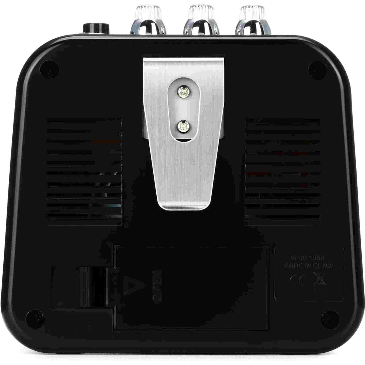 Black electronic device with a metal clip on a white background