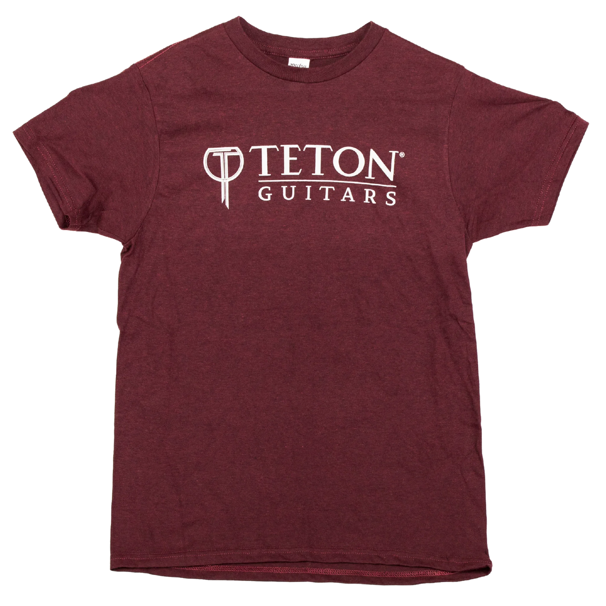 The image shows a maroon t-shirt featuring the Teton Guitars logo, displayed on a white background.