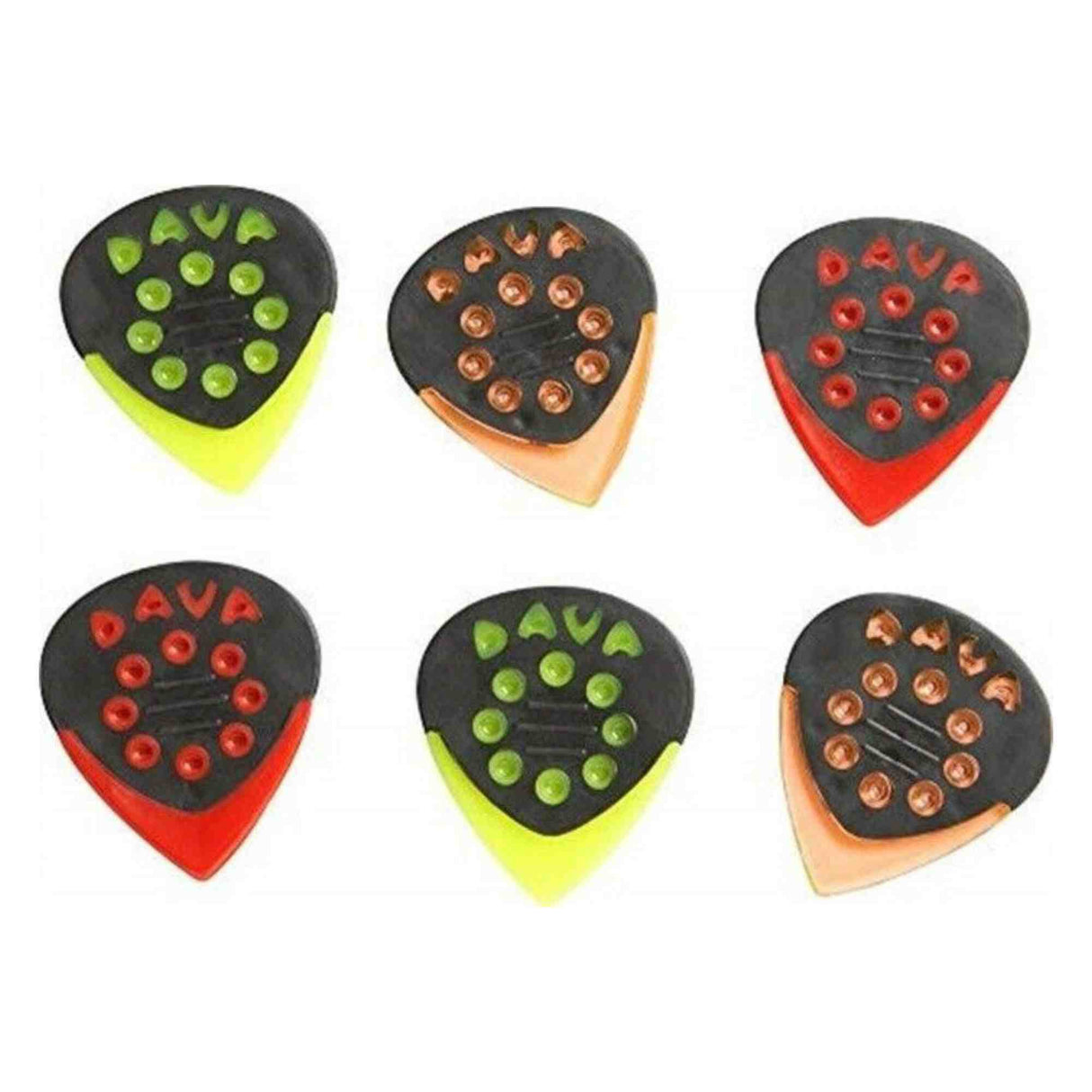 The image shows six teardrop-shaped guitar picks with a two-tone design featuring colored bottoms (green, orange, red) and textured black tops with raised dots for improved grip. The embossed "DAVA" branding is visible on each pick. These specialized picks are designed to enhance playability by preventing slipping, making them premium guitar accessories for better control during use.