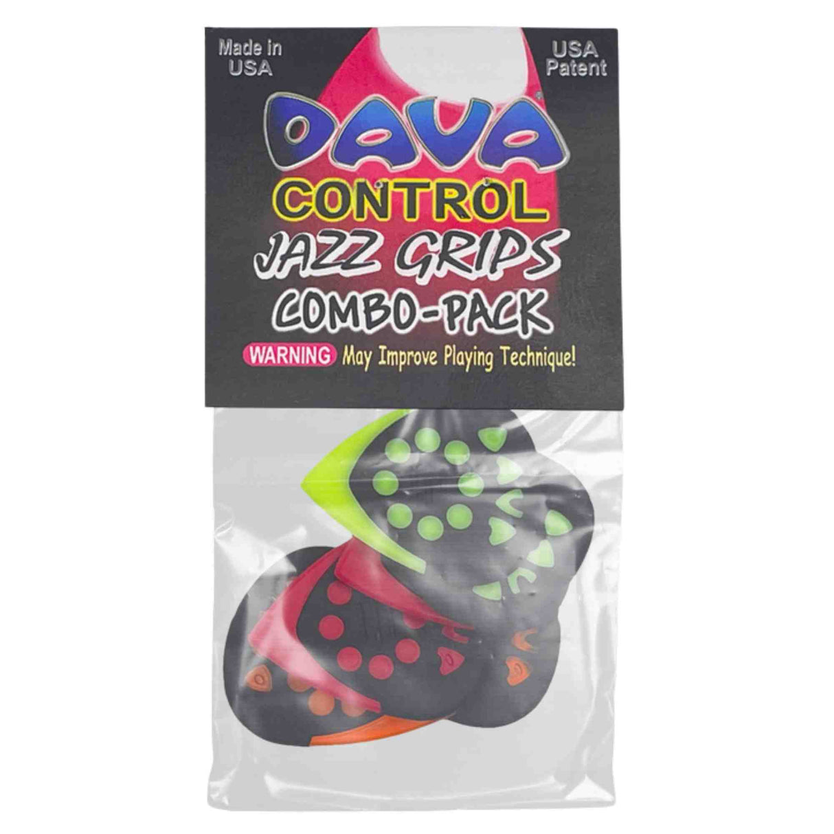 The image shows a package of Dava Control Jazz Grips Combo-Pack guitar picks made in the USA. The clear packaging reveals multiple picks in green, red, and orange, featuring raised grip dots for better control. The package humorously warns, "May Improve Playing Technique!" These premium picks are designed to enhance playability and grip, especially for jazz guitarists.