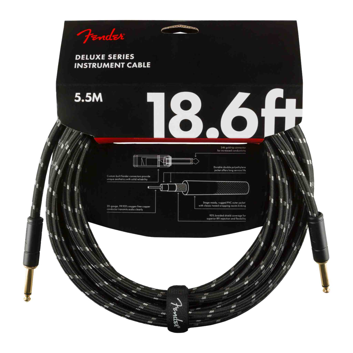 Fender Deluxe Series Tweed Instrument Cable - Straight/Straight - Black Tweed - 18.6FT