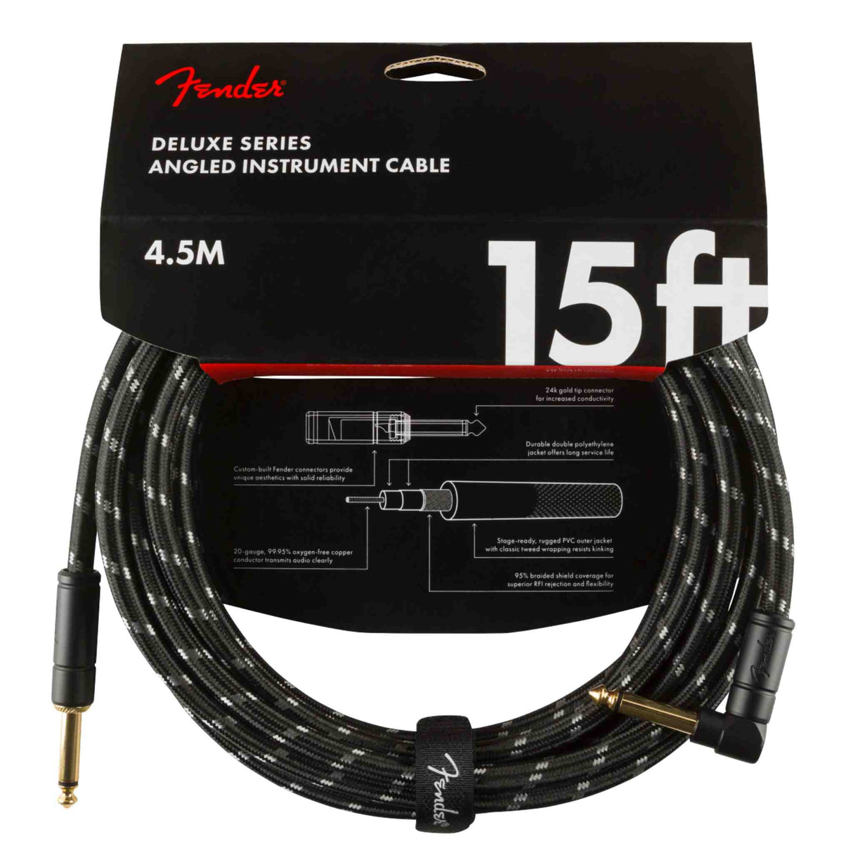 Fender Deluxe Series Tweed Instrument Cable, Straight/Angle - Black Tweed - 15FT