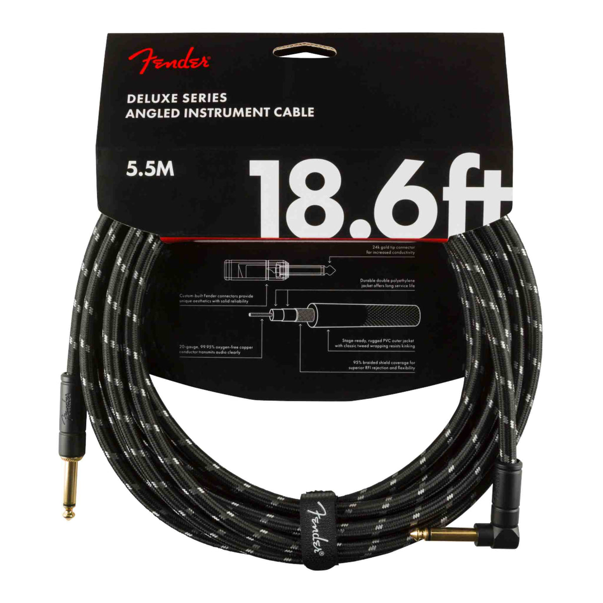 Fender Deluxe Series Tweed Instrument Cable - Straight/Angle - Black Tweed - 18.6FT