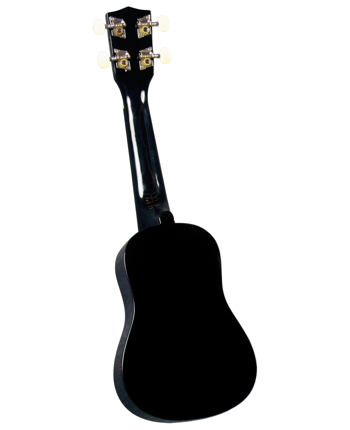The image shows the back of a glossy black ukulele with a classic small-bodied shape and long neck. It features four decorative, gold-colored tuning pegs on the headstock. The instrument’s well-crafted design highlights its traditional figure-8 body, typical of this popular four-stringed instrument known for its bright, cheerful sound and use in Hawaiian, folk, and contemporary music.