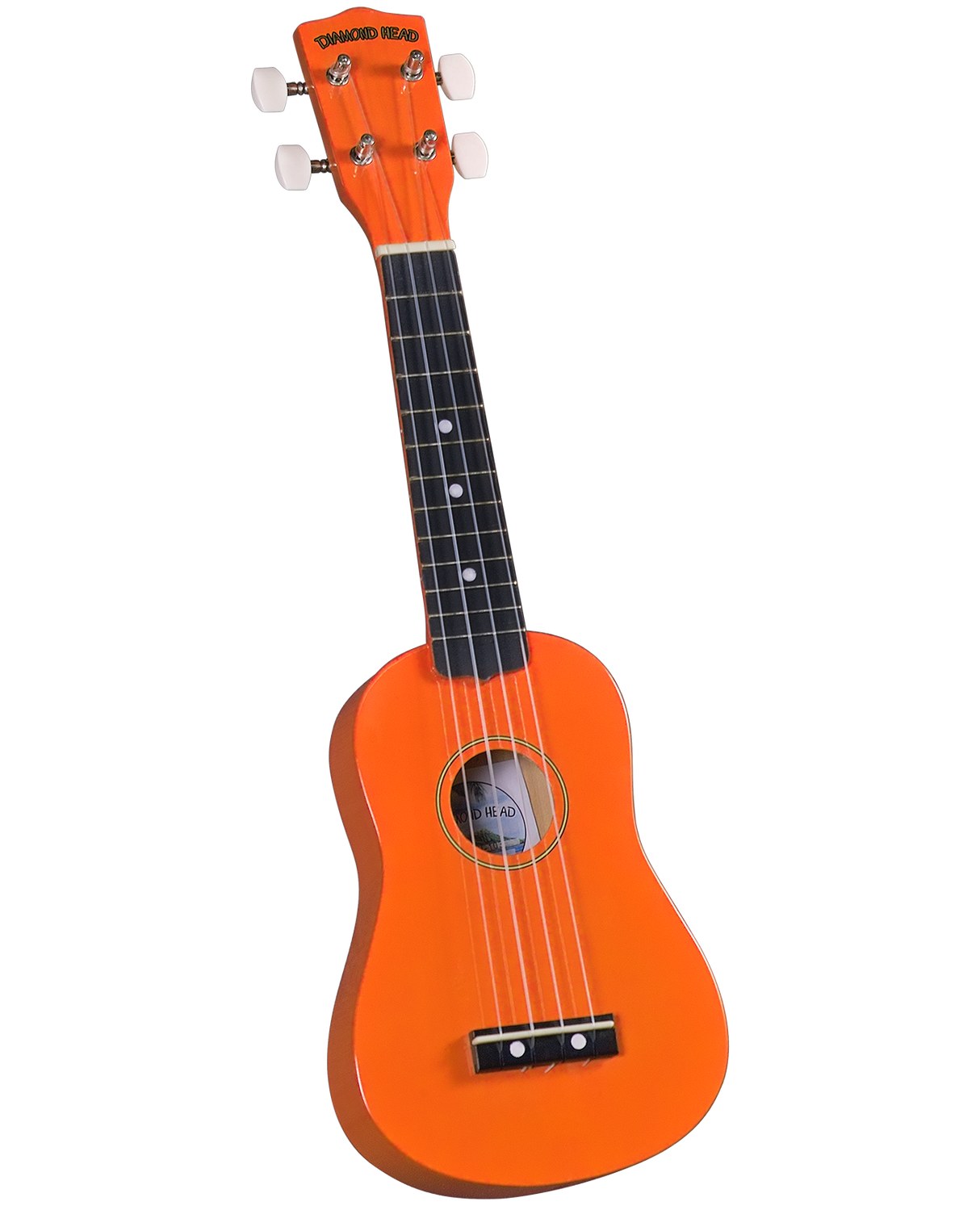 The image shows a bright orange soprano ukulele from the "Diamond Head" brand, as seen on the headstock. It features a traditional body shape with a sound hole, four strings, four tuning pegs with white buttons, and a dark fretboard with fret markers. The instrument has a vibrant finish and is likely designed for beginners or casual players, combining an eye-catching look with a cheerful, relaxed style.