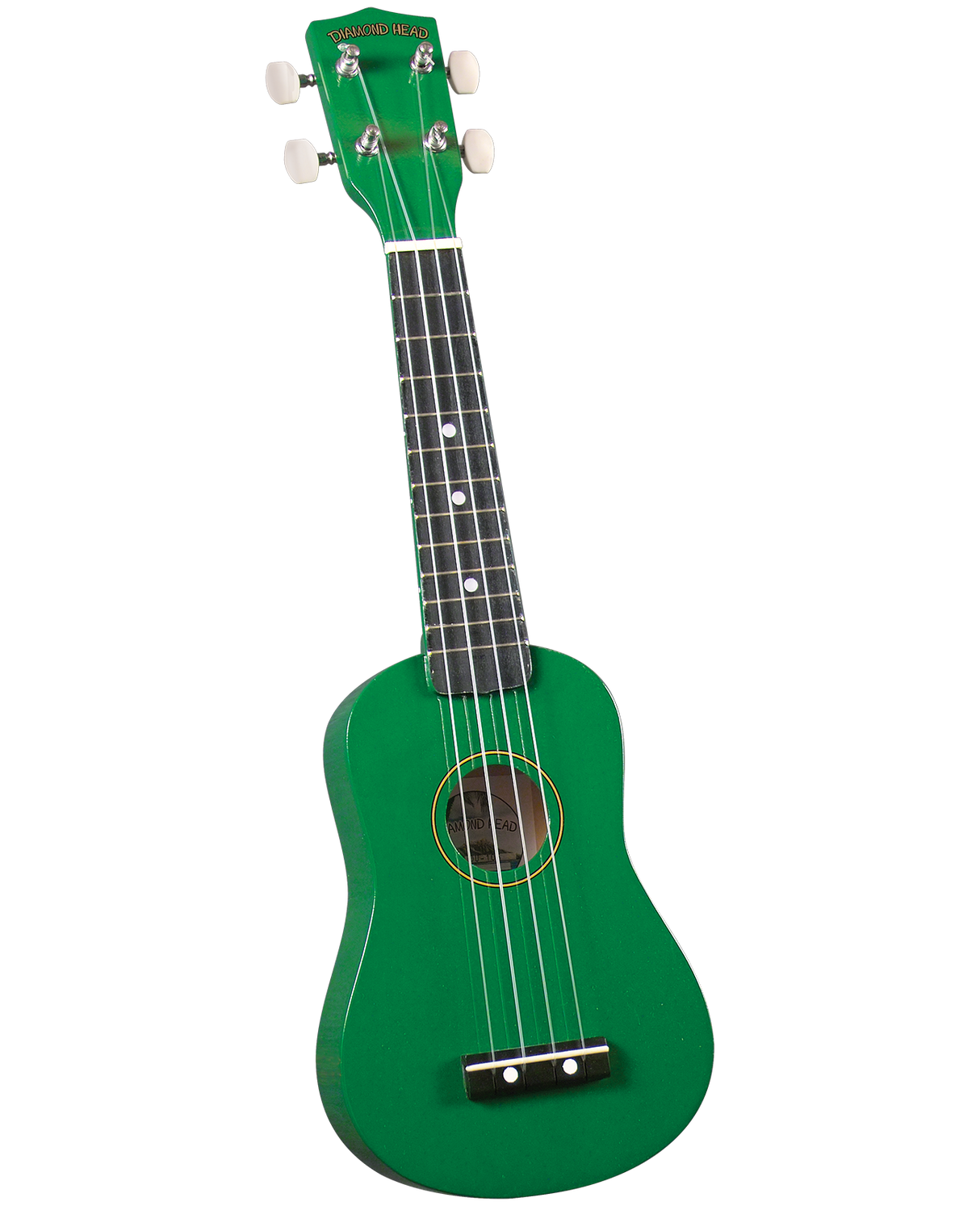 The image shows a bright green soprano or concert ukulele with a small guitar-like body. It has four strings, four white tuning pegs, a dark fretboard with white dot markers, and a black bridge. The headstock features the "DIAMOND HEAD" branding. The sound hole is centered on the body. This vibrant, eye-catching ukulele is typical of beginner-friendly instruments.