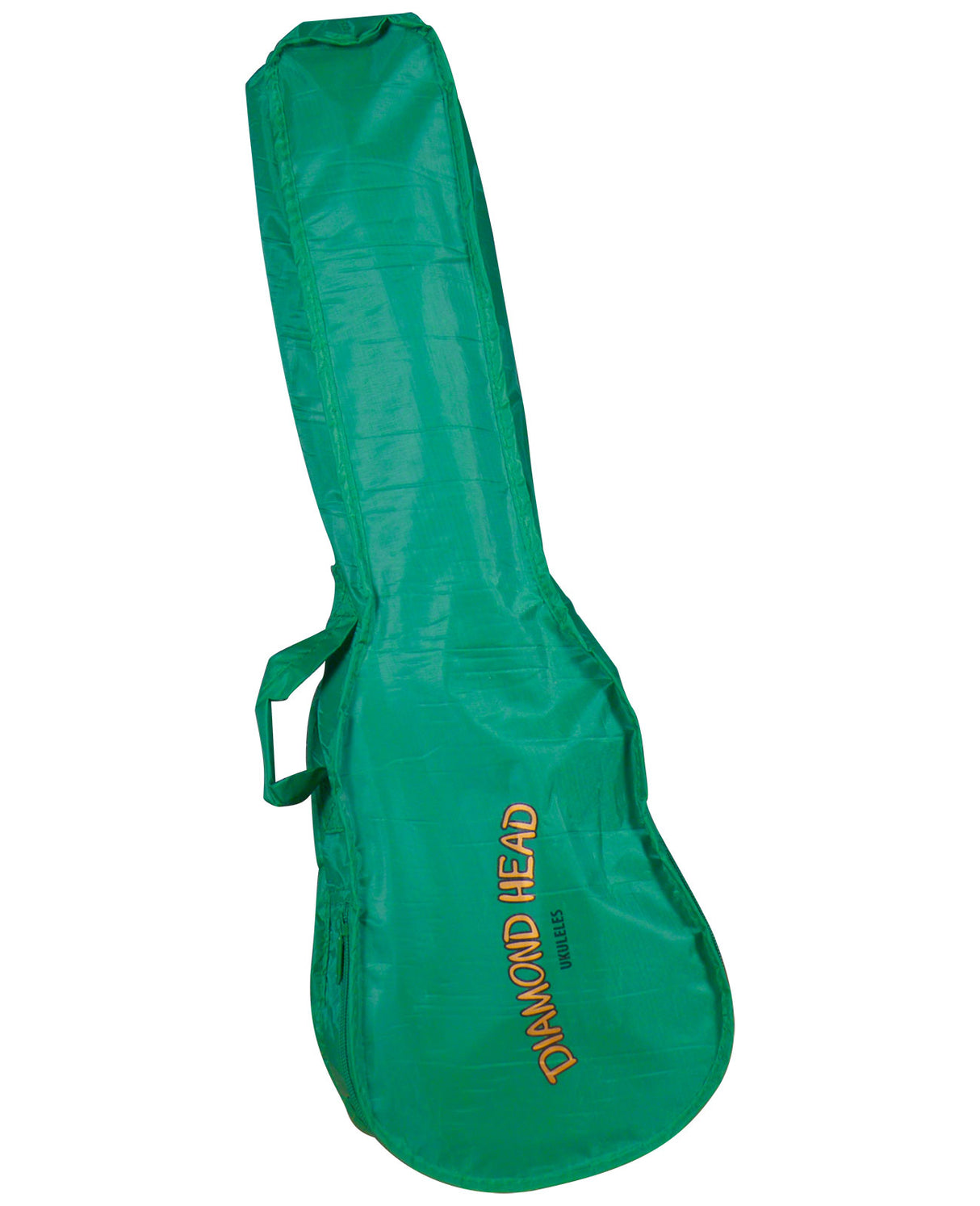 The image shows a bright green Diamond Head guitar gig bag made of durable nylon. It has a padded, quilted design with a full-length zipper and a side carrying handle. The bag features orange/yellow "DIAMOND HEAD" branding with "UKULELES" beneath it on the lower bout. Designed to fit acoustic or electric guitars, it offers lightweight, protective transport and easy identification among gear.